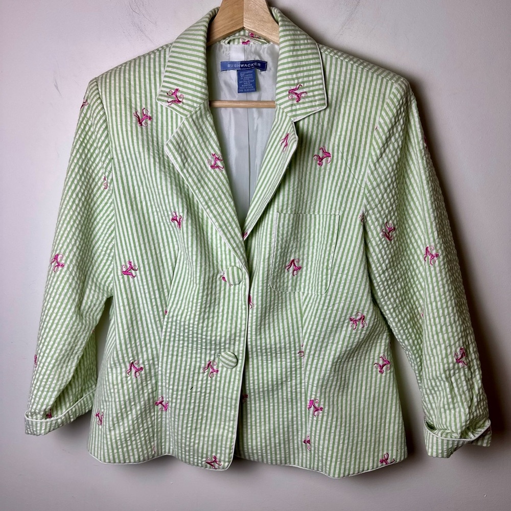 BUSHWACKER Women’s VTG Green/White Striped Seersucker Blazer w/Monkey Motifs 10